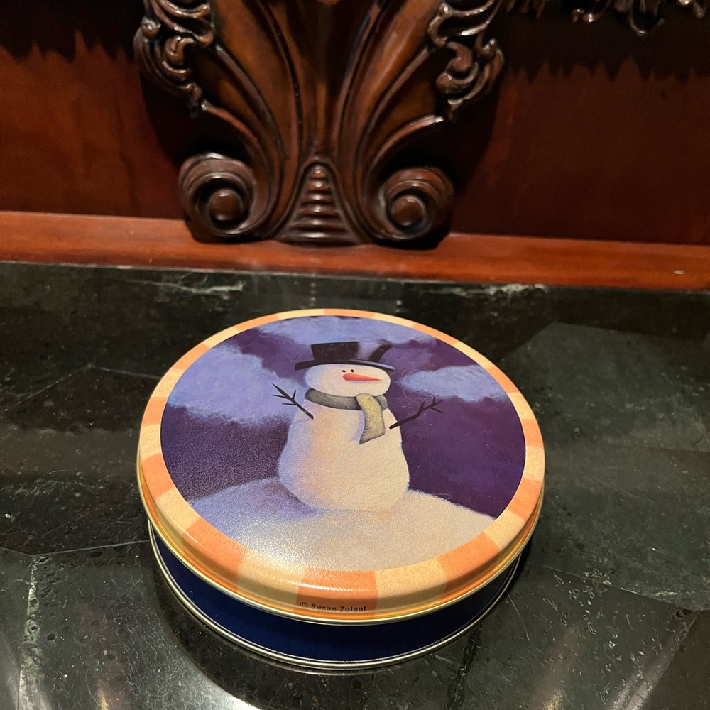 PM011226 Snowman Holiday Tin - Blue and Orange